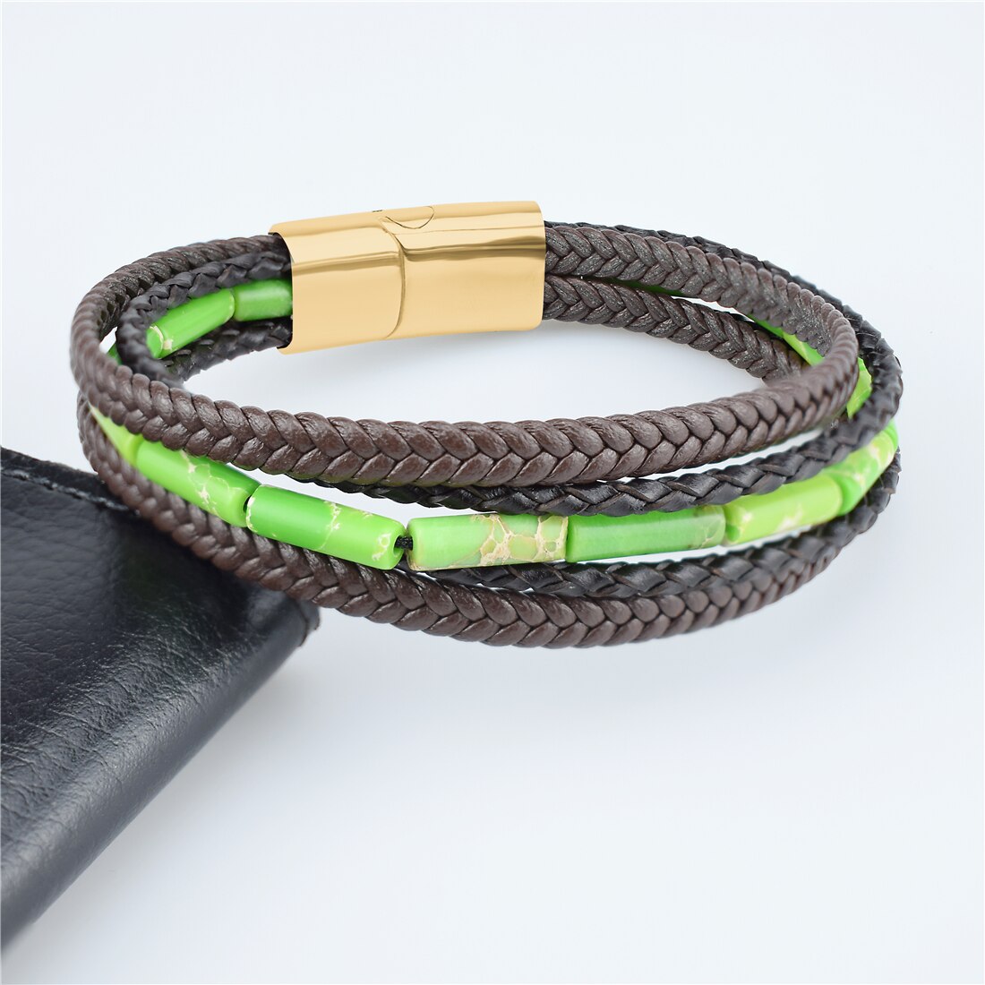 Multilayer Bracelet Natural Stone Genuine Leather Braided Wrap Bangle Stainless Steel Magnetic Clasp Bracelet Men Jewelry