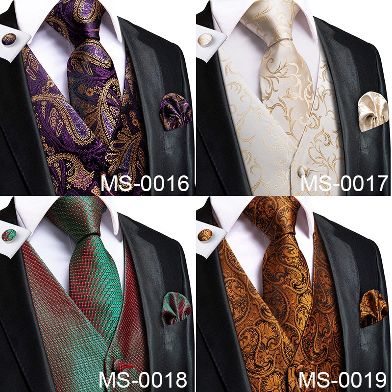 Hi-Tie Silk Adult Men's Vest for Suit Luxury Paisley Floral Plaid Suit Vest and Tie Set Blue Gold Red Sliver Wedding Vest Men