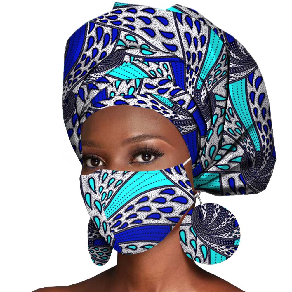 African Headwrap Earrings Hair Accessories Scarf Bonnet Ankara Wax Fabric Head Turban African Headscarf Mask Match Print A20H004