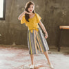 Kids Girls Clothing Set 2021 Summer Fashion Bell Sleeve Top + Striped Pants Casual 2Pcs Set Boutique Outfits Big Girls Clothes