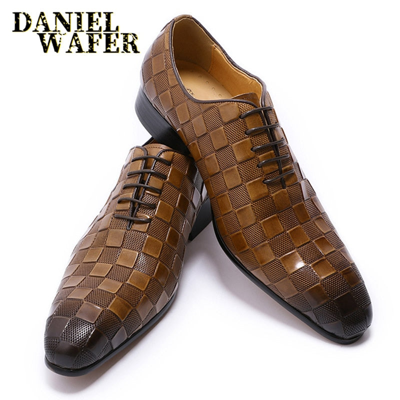 LUXURY ITALIAN LEATHER SHOES MEN NEW FASHION PLAID PRINTS LACE UP BLACK BROWN WEDDING OFFICE SHOES FORMAL OXFORD SHOES FOR MEN