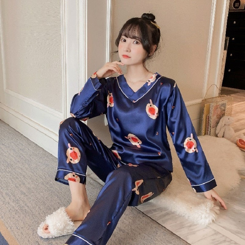 Silk Pajamas Women Cartoons Pajamas for Women Summer Nightwear Plus Size Pajama Two Piece Set Satin Silk Pyjamas Loungewear