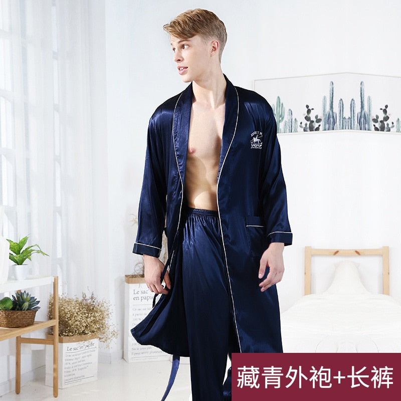 Men Plus Size Short Long Pants Bathrobe Soft Ice Silk Cool Pajamas Set Two Pieces Turn-Down Neck Long Sleeves Night Sleepwear