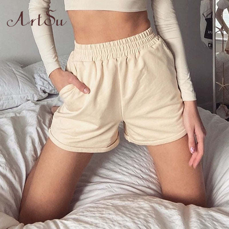 Artsu 2020 Summer Women Clothes Solid Cotton Sport Casual Shorts Women Harajuku High Waist Shorts Short Pants Ladies Autumn
