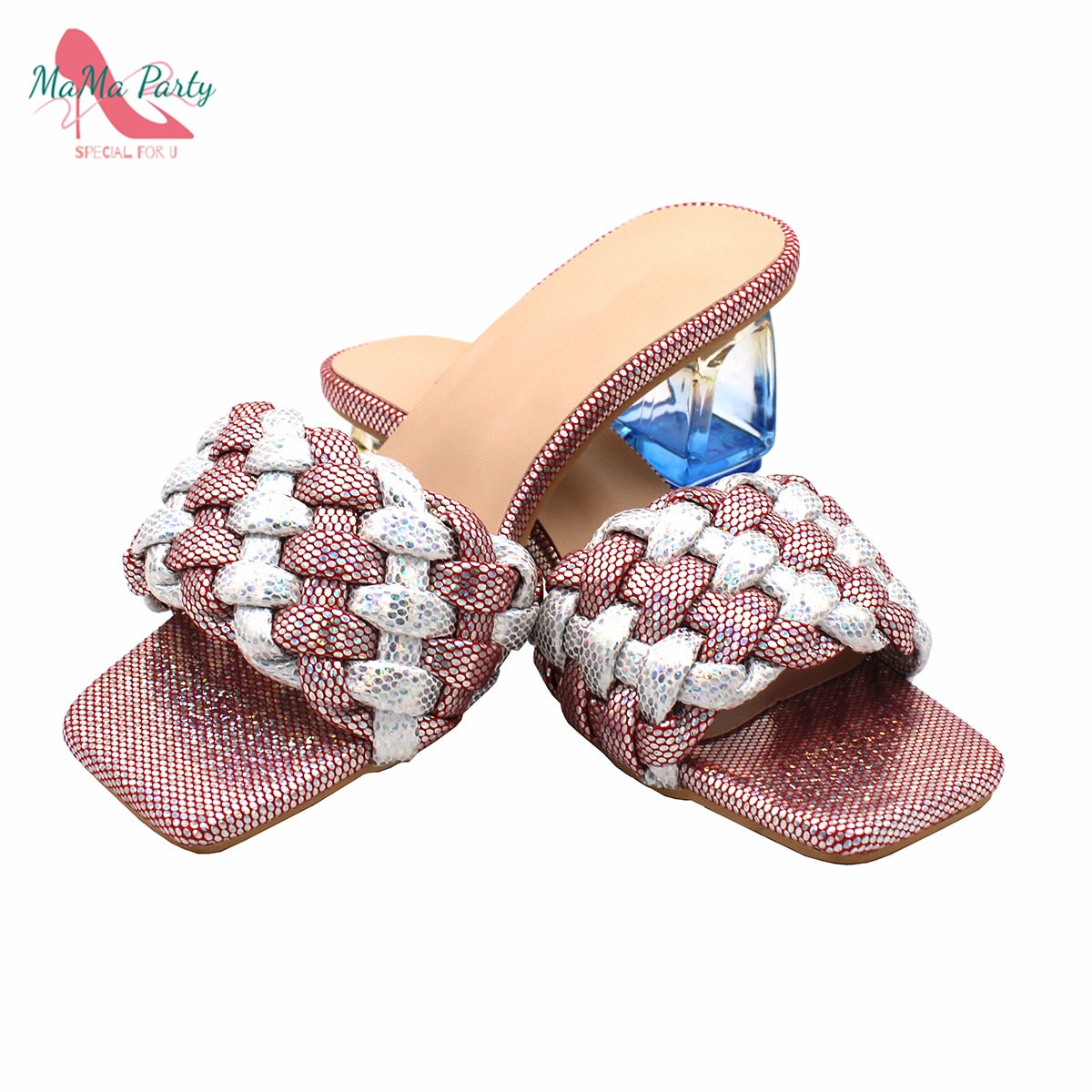 Popular Newest Nigerian Women Shoes in Red Color Square Toe Mature Style African Ladies for Wedding Party