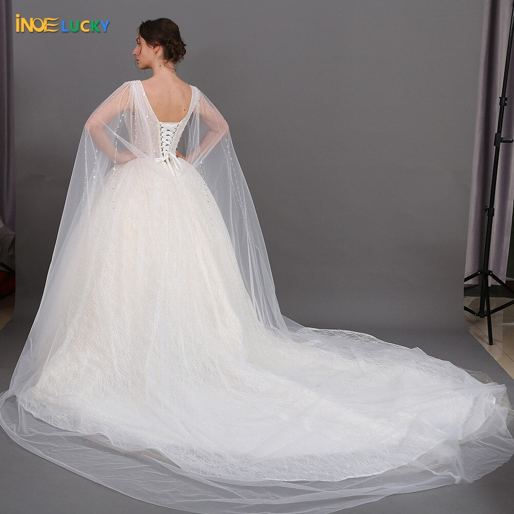 INOE Women Luxury Long Wedding Dress Sequins Fashion Rhinestone Ball Gown Floor Length Tulle Organza Watteau White Party Dress