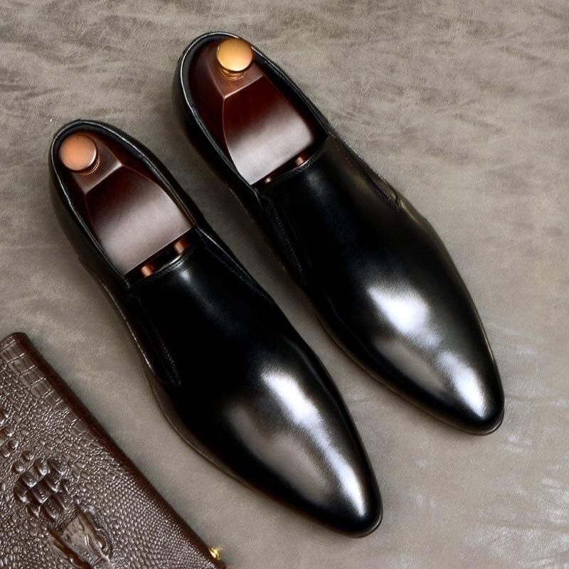 Men Dress Shoes Men Slip On Formal Wedding Shoes Pointed Toe Fashion Genuine Leather Flats Oxford Business Shoes For Men A163 - Surprise store