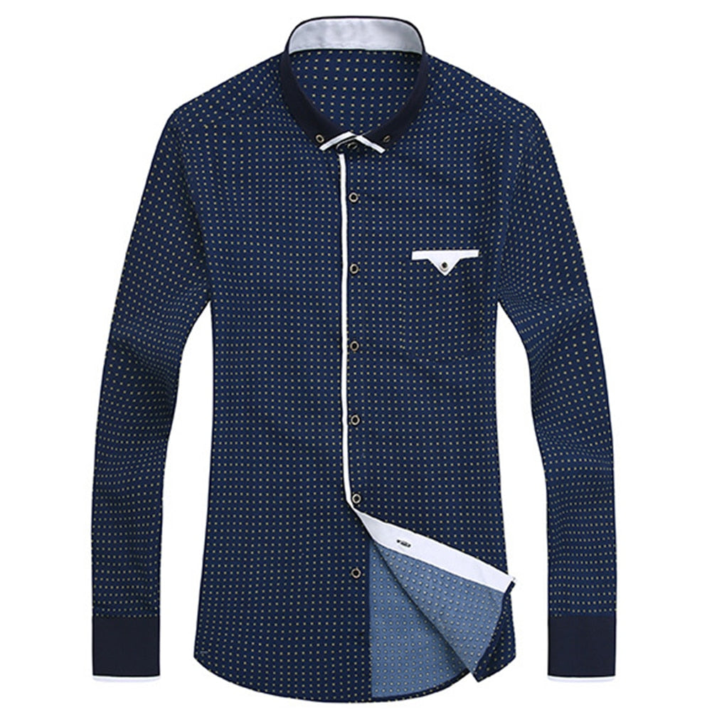Business Mens Dot Plaid Print Turndown Collar Long Sleeve Button Shirt Blouse Tops Fashion Casual shirt Male Social Dress Shirts