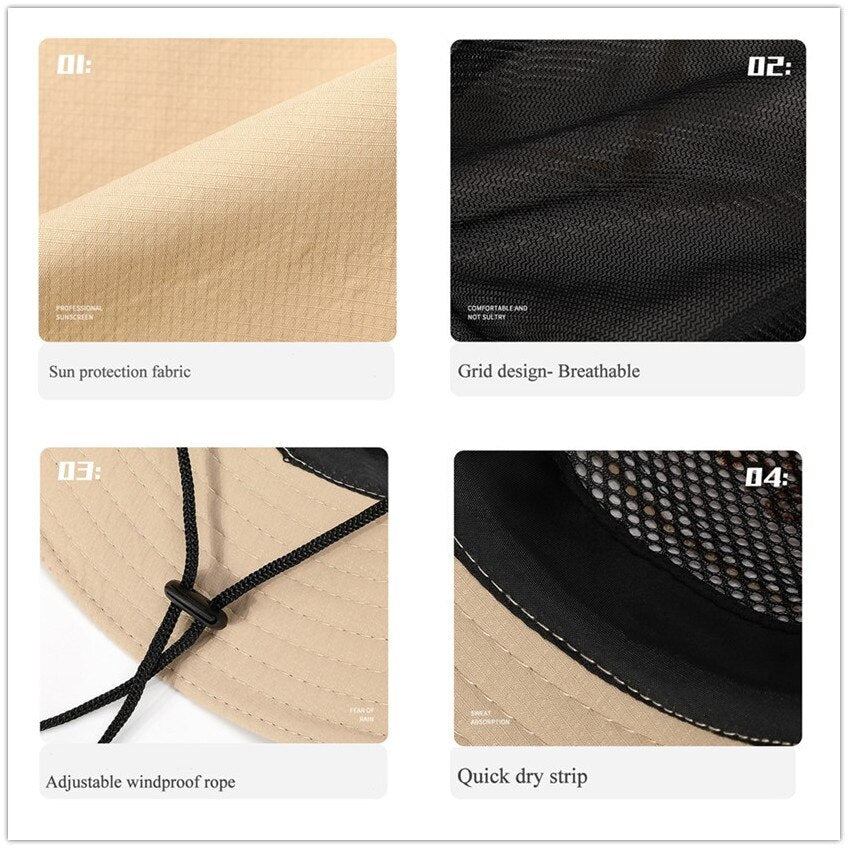 UPF 50+ Summer Hats Men Sun Protector UV-proof Breathable Bucket Hat Large Wide Brim Hiking Outdoor Fishing Beach Cap Cowboy New