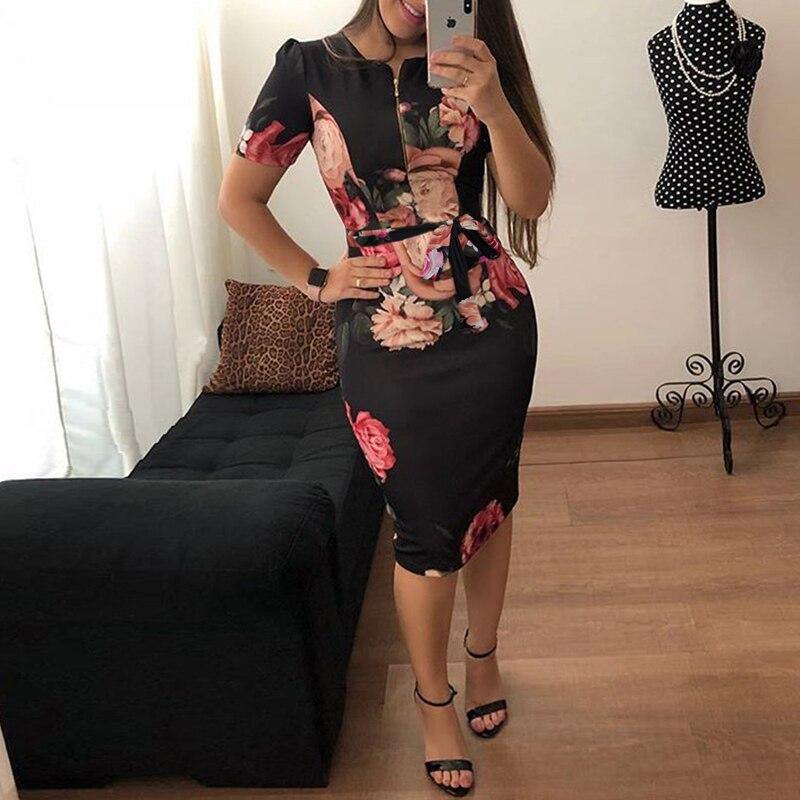 Plus Size Women Autumn Winter Work Office Business Belted Pencil Dress Casual Front Zipper Patchwork Sheath Bodycon Midi Dress - Surprise store