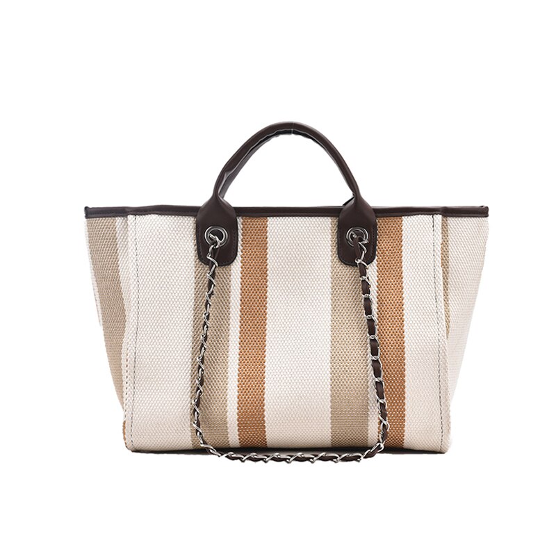 New Women Tote Bag Fashion Linen Large Striped Handbag Chains Shoulder Bags Ladies Big Messenger Bag Shopping Bag