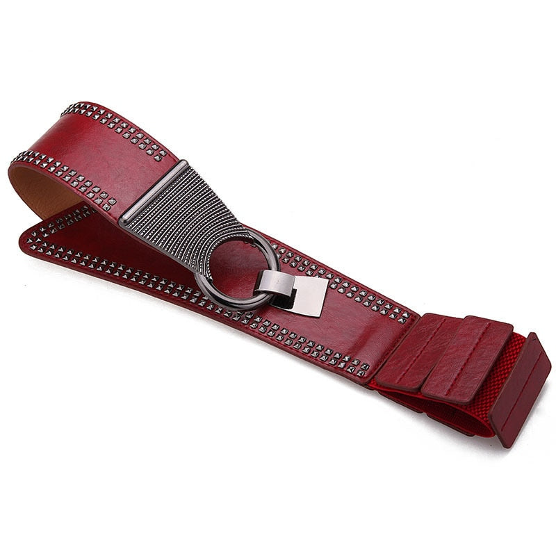 Fashion Wide Waist Belt Metal Round Buckle Punk Belts Stretchy Dress Waistband Pu Leather Cummerbunds European Style Lady Belts