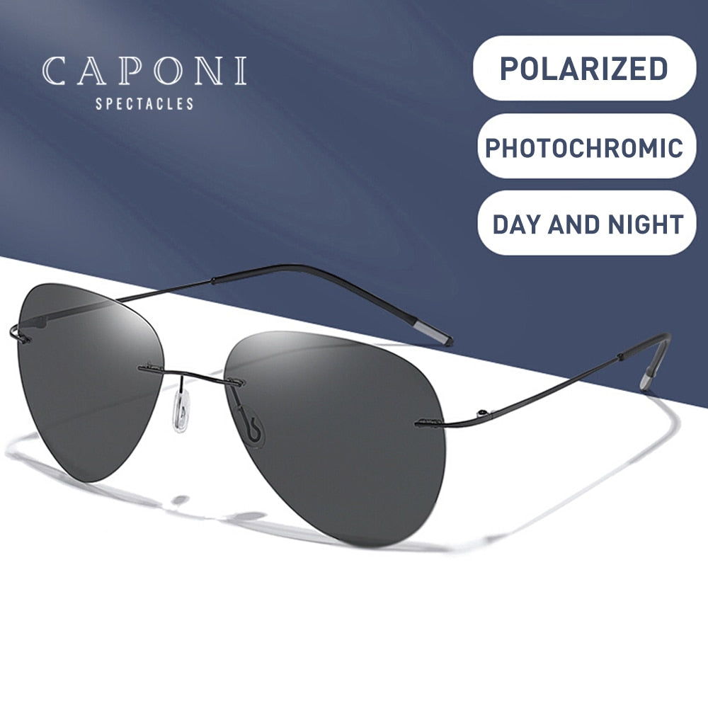 CAPONI Rimless Avation Sun Glasses For Men Polarized Discoloration Driving Fishing Sunglasses Light Weight Shades Male BS7466