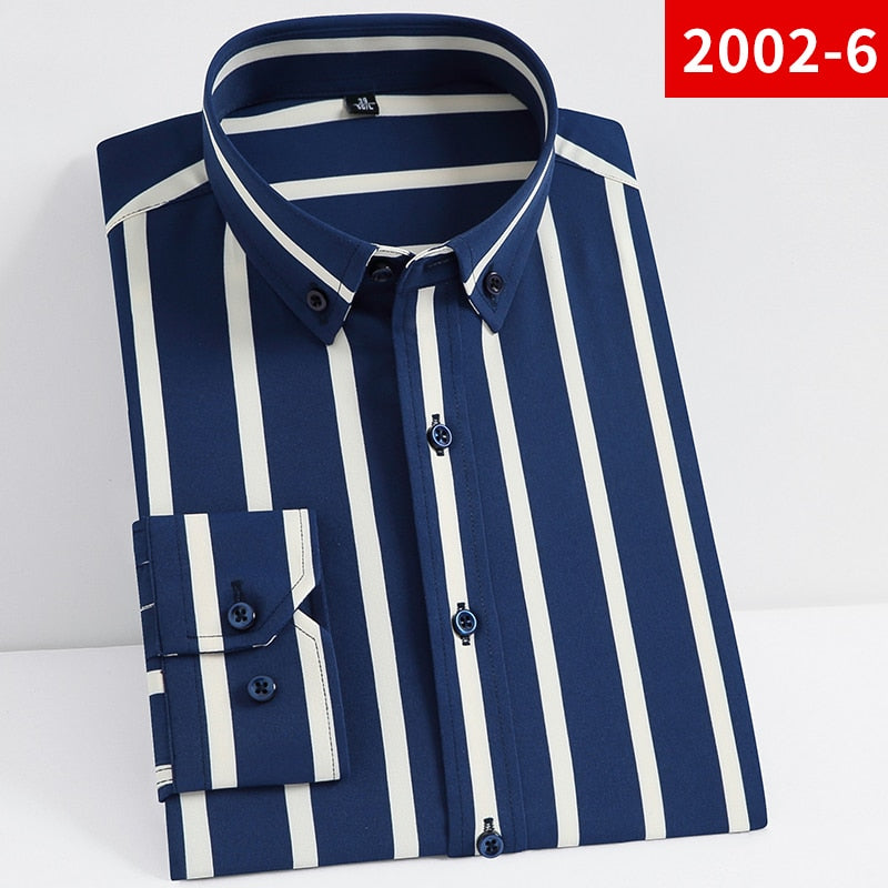 Vertical Striped Shirt Elastic Stretch Long Sleeved Business Men Dress Shirts Formal Casual Standard Fit Fashion Man's Clothing
