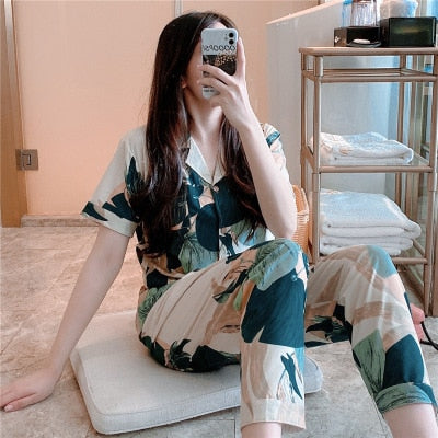 Pyjamas women short sleeve long pant summer sleepwear pajamas set cute cartoon cotton pijamas suit new home clothes 15 styles