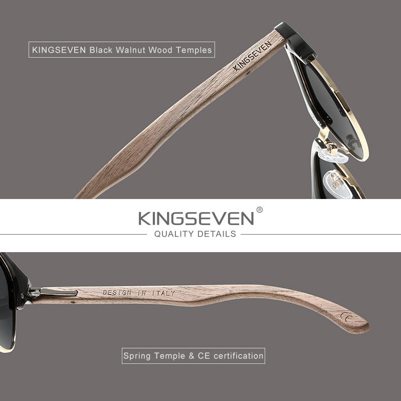 KINGSEVEN Retro Fashion Style Handmade Black Walnut Wooden Sunglasses Men Women 100%Polarized UV400 Lens Semi-Rimless Eyewear