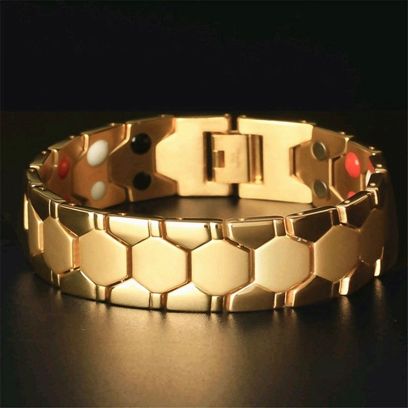 Luxury Men Bracelet Stainless Steel Gold 3IN1 Energy Health Magnet Arthritis Chain Hip Hop Unisex Women Jewelry Gift