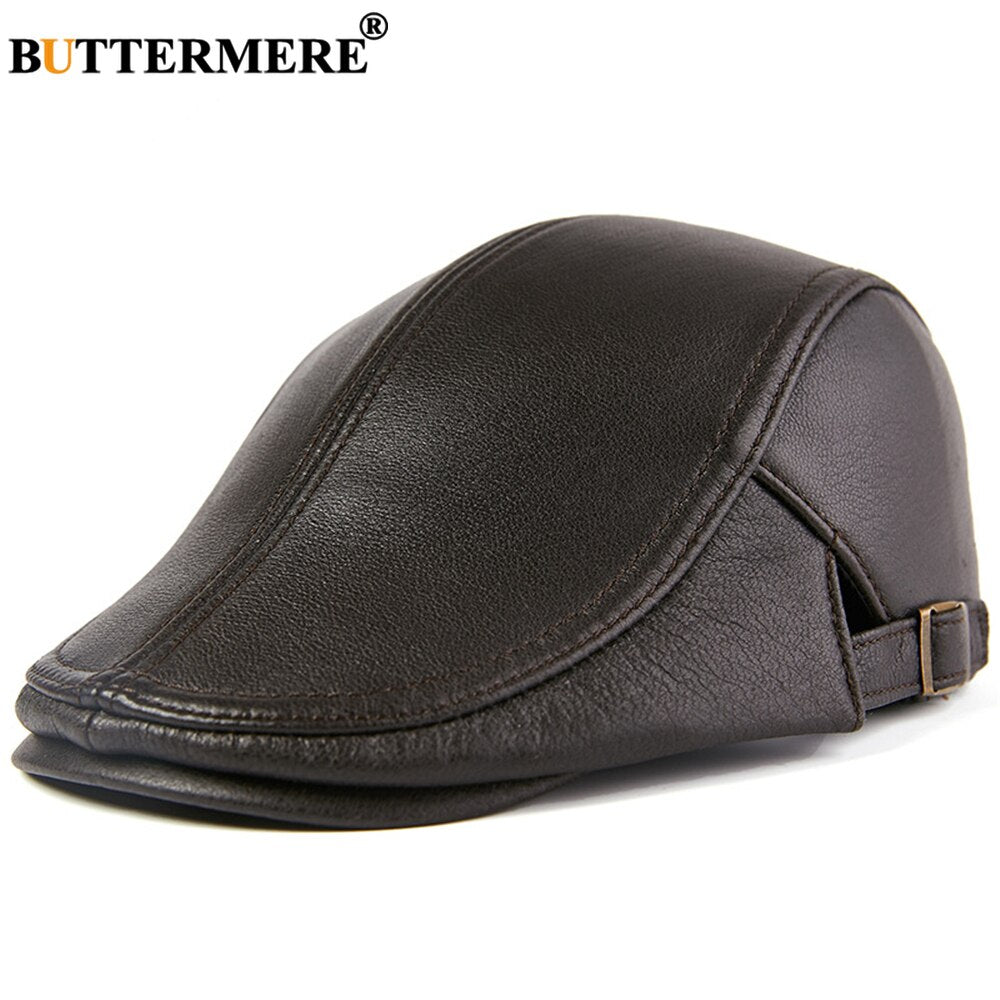 BUTTERMERE Men Beret Hat Real Leather Flat Cap Sheepskin Autumn Winter Male Brown