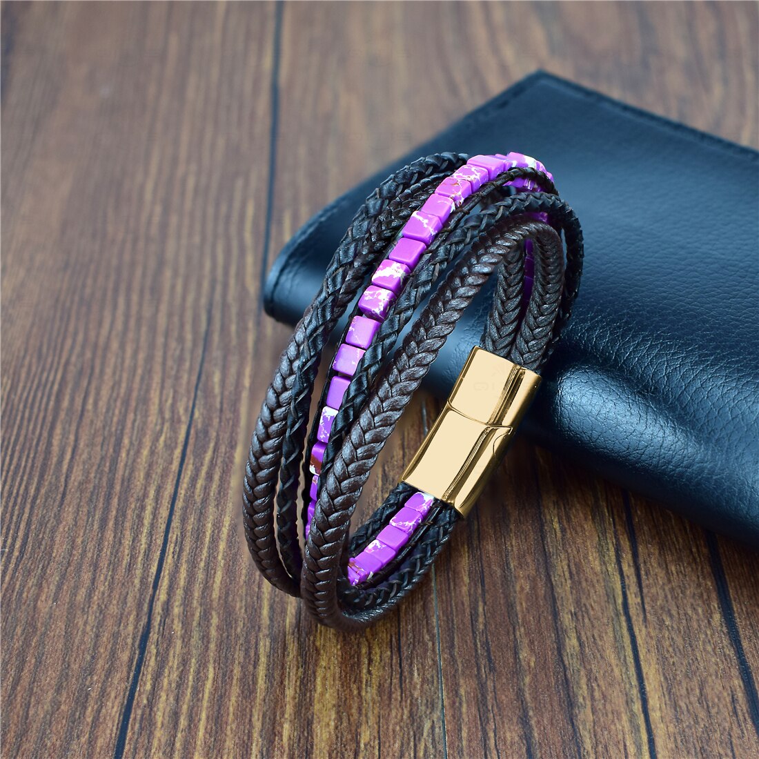 Multilayer Bracelet Natural Stone Genuine Leather Braided Wrap Bangle Stainless Steel Magnetic Clasp Bracelet Men Jewelry