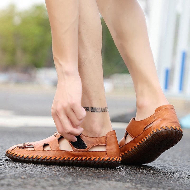 Sandals Shoes For Men's Big Foot Slippers Summer Breathable Genuine Leather deadlift Casual Driving Beach Dad Outdoor soft soled