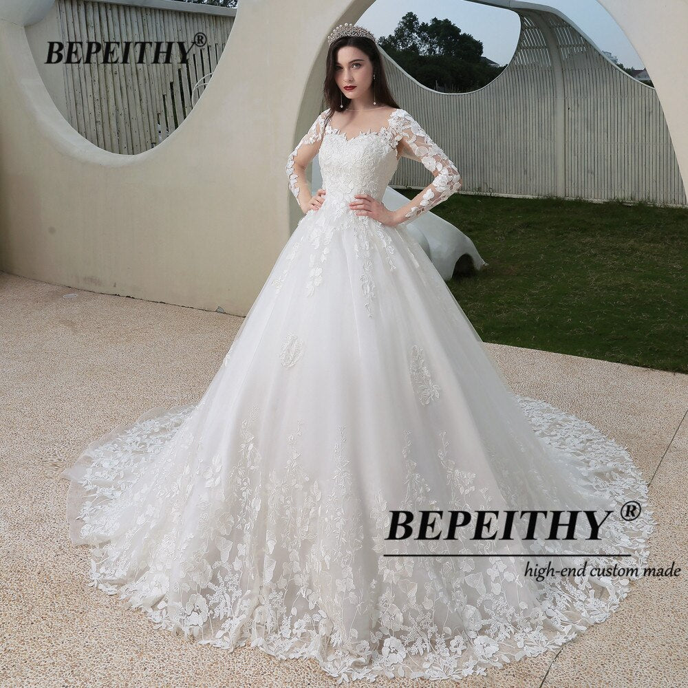 BEPEITHY Lace Romantic Wedding Gowns For Women Long Sleeves France India Bride Princess Bridal Dresses 2021 Vestidos De Novia