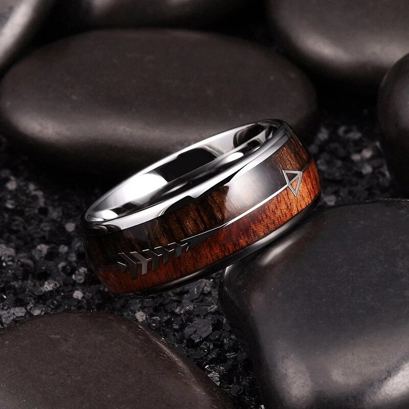 8MM Men Fashion Ring Stainless Steel Wood Inlaid Arrow Rings Wedding Band Anniversary Birthday Gift Jewelry Free Shipping
