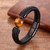 Trendy Genuine Leather Bracelets Men Stainless Steel Clasp Charm Bracelet For Male 6 Style Natural Tiger Eye Lava Stone Jewelry