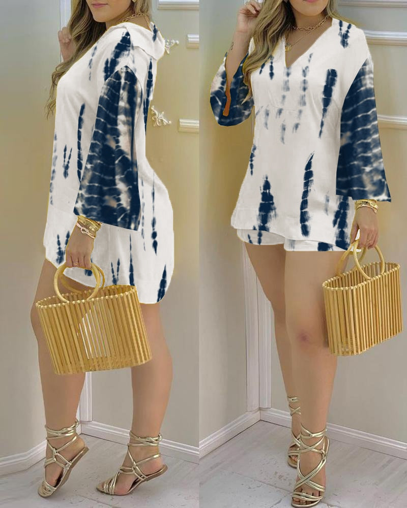 2021 Women Plain Bell Sleeve V-Neck Long Casual Loose Top & Shorts Set Casual Summer Solid Streetewar Suit Sets