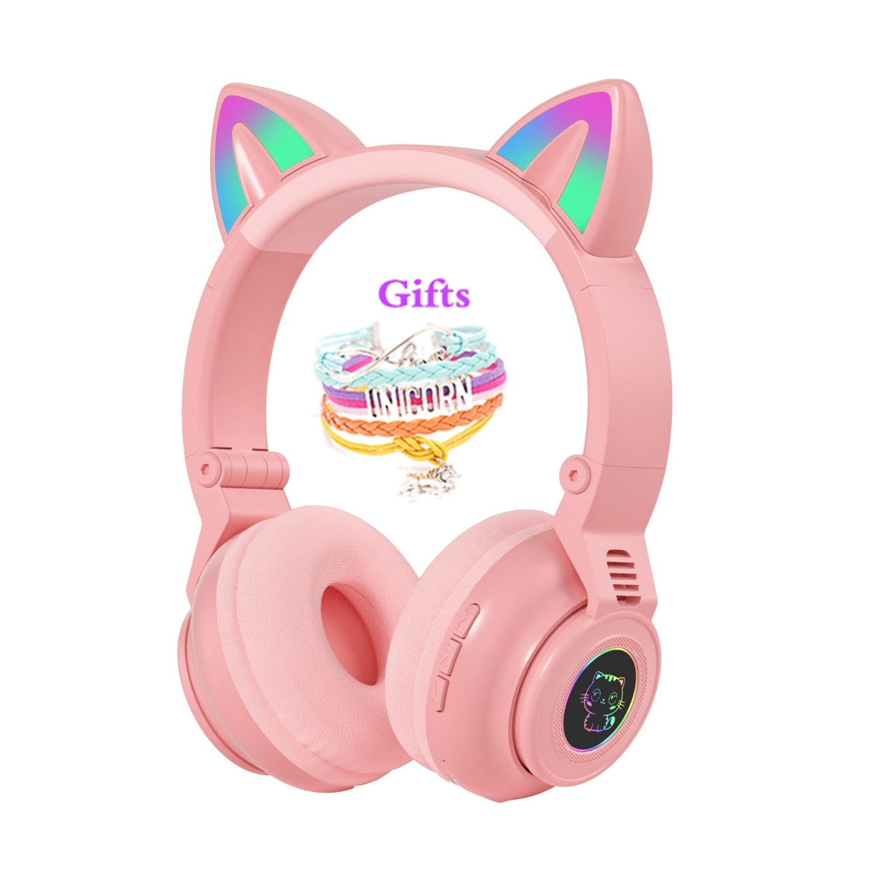 Cute Cat Bluetooth Wireless Headphones With Mic, Pink Girls LED Phone Gamer Headsets Kids Gaming Music Children's Earphones Gift