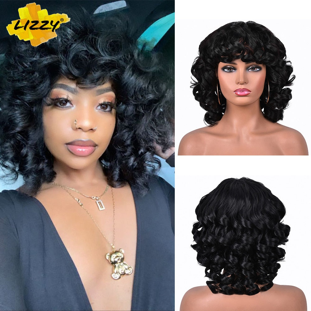 Short Hair Afro Curly Wig With Bangs Loose Synthetic Cosplay Fluffy Shoulder Length Natural Wigs For Black Women Dark Brown 14