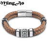 MingAo Punk316l Stainless Steel Irregularly Cracked Bead Bracelet Genuine Braided Leather Male Bracelets & Bangles Men's Jewelry