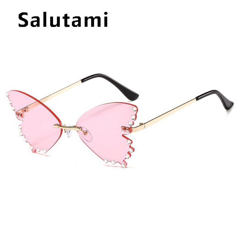 Unique Rimless Crystal Butterfly Cat Eye Sunglasses For Women Fashion Alloy Elegant Sun Glasses Female Rhinestone Party Shades