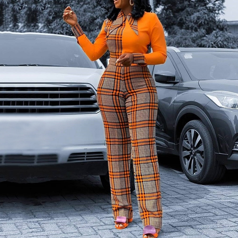 Long Sleeve Plaid Jumpsuit Women Office Ladies Spring Autumn Party Club Patchwork Loose Straight Rompers Solid Playsuits 2XL