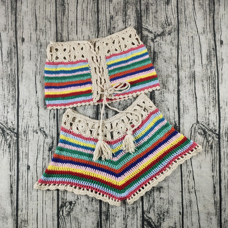 Hand Crochet Bikini Set Beach Women Swimwear Chain Tube Top Stripe Swimsuit Suit