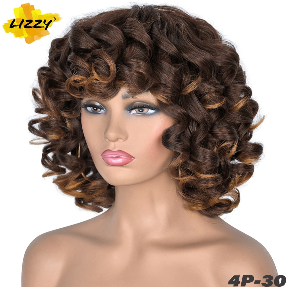 Short Hair Afro Curly Wig With Bangs Loose Synthetic Cosplay Fluffy Shoulder Length Natural Wigs For Black Women Dark Brown 14