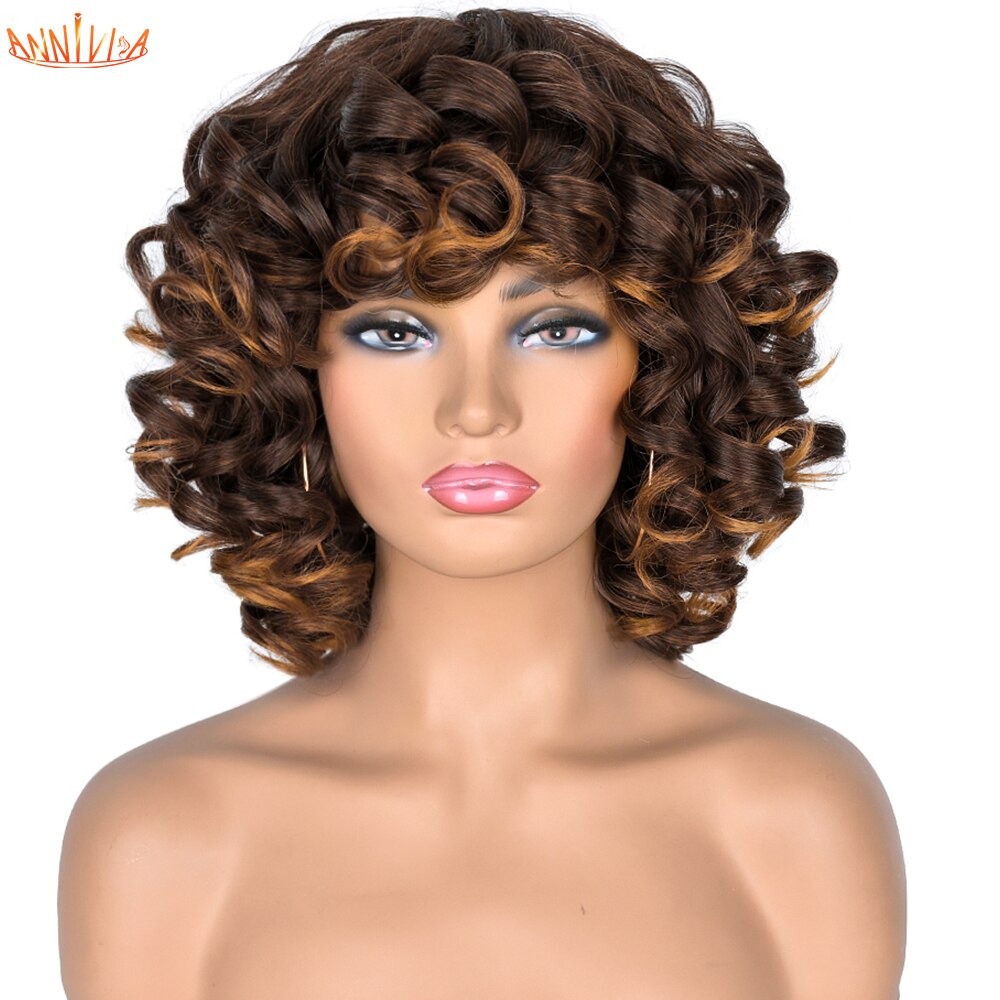 Short Hair Afro Kinky Curly Wigs With Bangs For Black Women Synthetic African Ombre Glueless Cosplay Wigs High Temperature