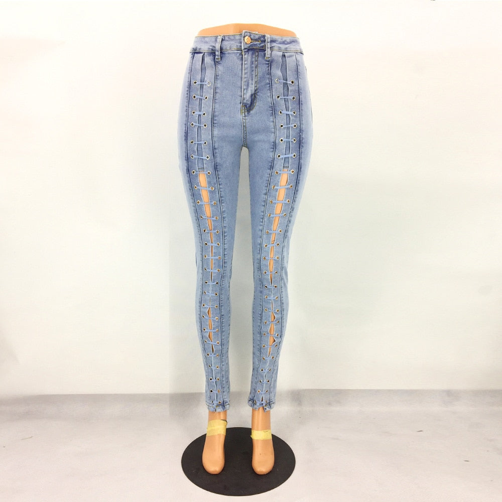 Woman High Waist Stretchy Jeans Lace Up Slim Women's Jean Fashion Pencil Skinny Jeans