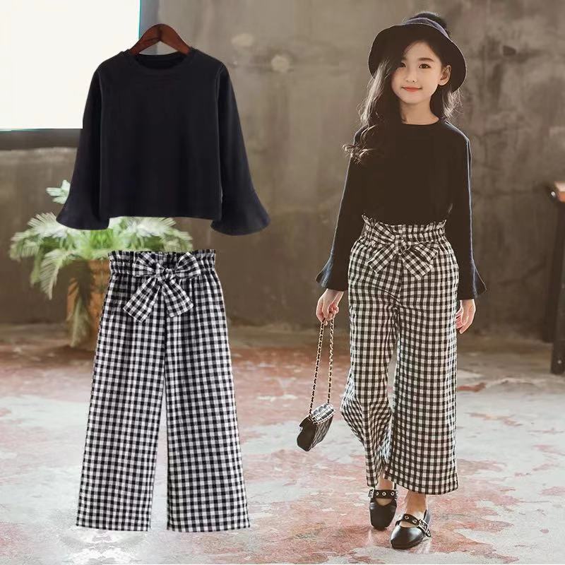 2020 Kids Girls Clothes Sets Long Sleeve T-shirts + Plaid Wide Leg Pants Autumn Children's Clothing Teenage for 7 8 10 12 Years