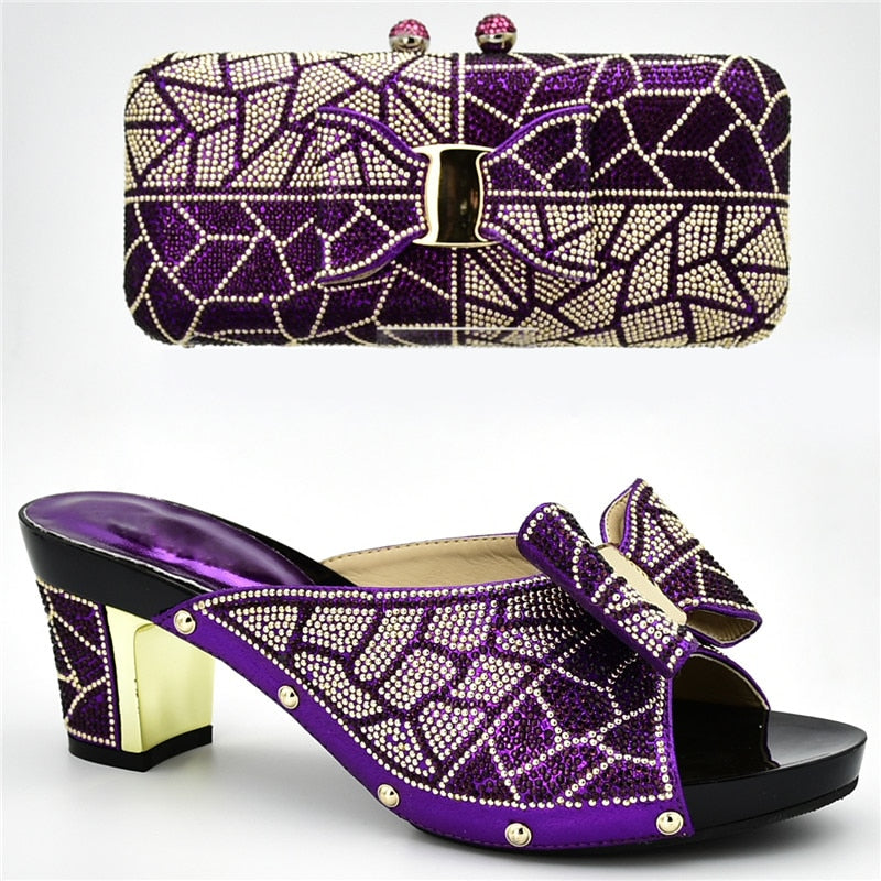 New Arrival Italian Shoes with Matching Bags for Wedding Italy Nigerian Women Wedding Shoe and Bag Set Decorated with Rhinestone