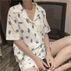 Summer Girl Sweet And Cute V-Neck Short-Sleeved Shorts Thin Suit Comfortable Silk Women's Home Service 2Piece Set Female Pajamas
