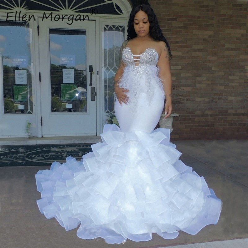 White Sexy Sweetheart Mermaid Wedding Dresses African Black Girls Luxury Crystals Beads Feathers Organza Bridal Gowns Women