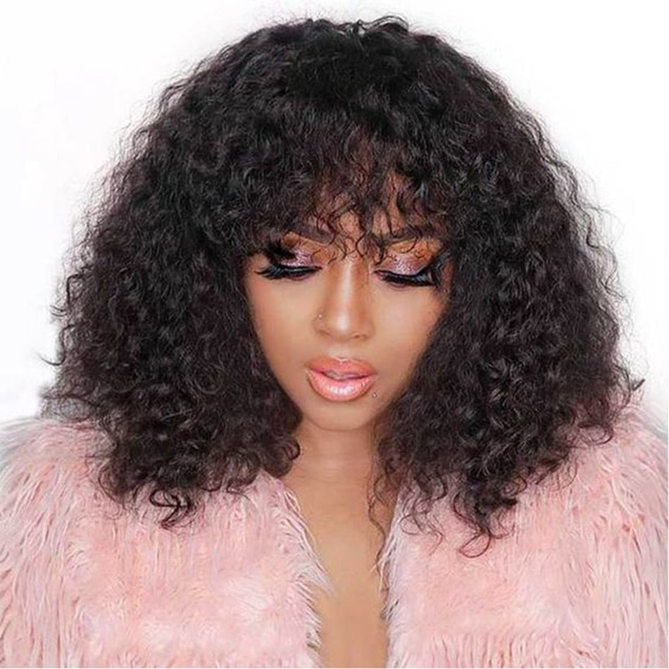 Water Wave Human Hair Wigs With Bangs Wavy Pixie Cut Short Bob Curly Human Hair Wig Brazilian Full Machine Made Wigs For Women