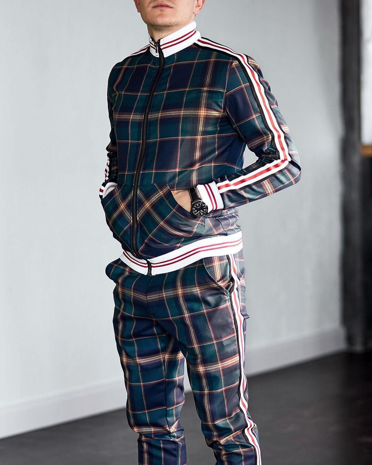 Men Tracksuit Men's Sets Two-piece Striped Lattice Suit Zipper Jacket+Fashion Small Trouser High Quality Slim Classic Sportswear - Surprise store