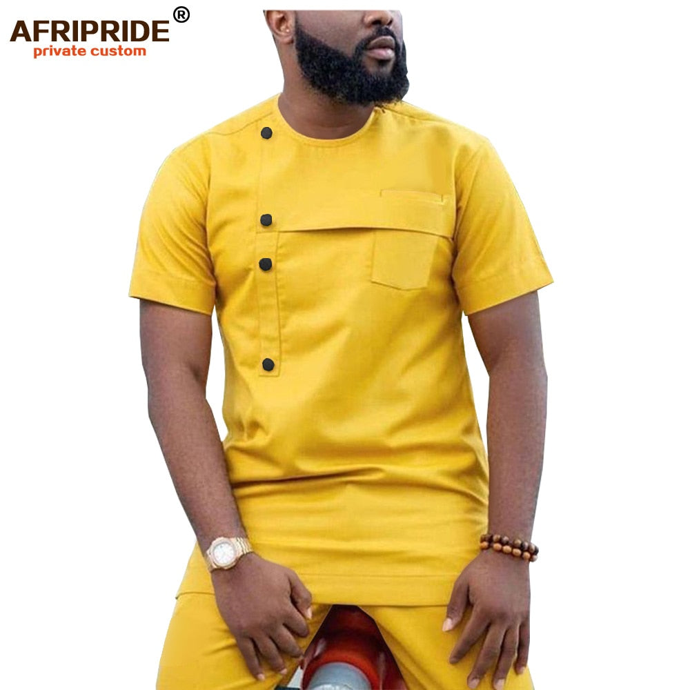 2019 African Men Clothing Ankara Pants Set Dashiki Shirt 2 Piece Outfit Crop Top Attire Short Sleeve Casual AFRIPRIDE A1916032