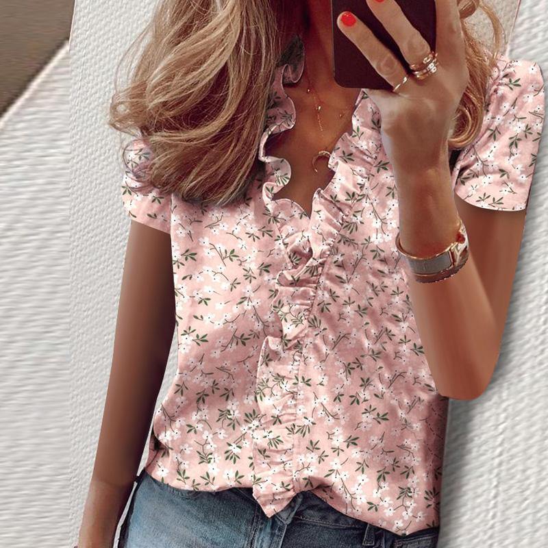 3XL Summer Short Sleeve Printed Blouse Shirt Women Sexy Ruffle V-Neck Shirts Pullover Elegant Office Lady Blusa Tops Streetwear - Surprise store