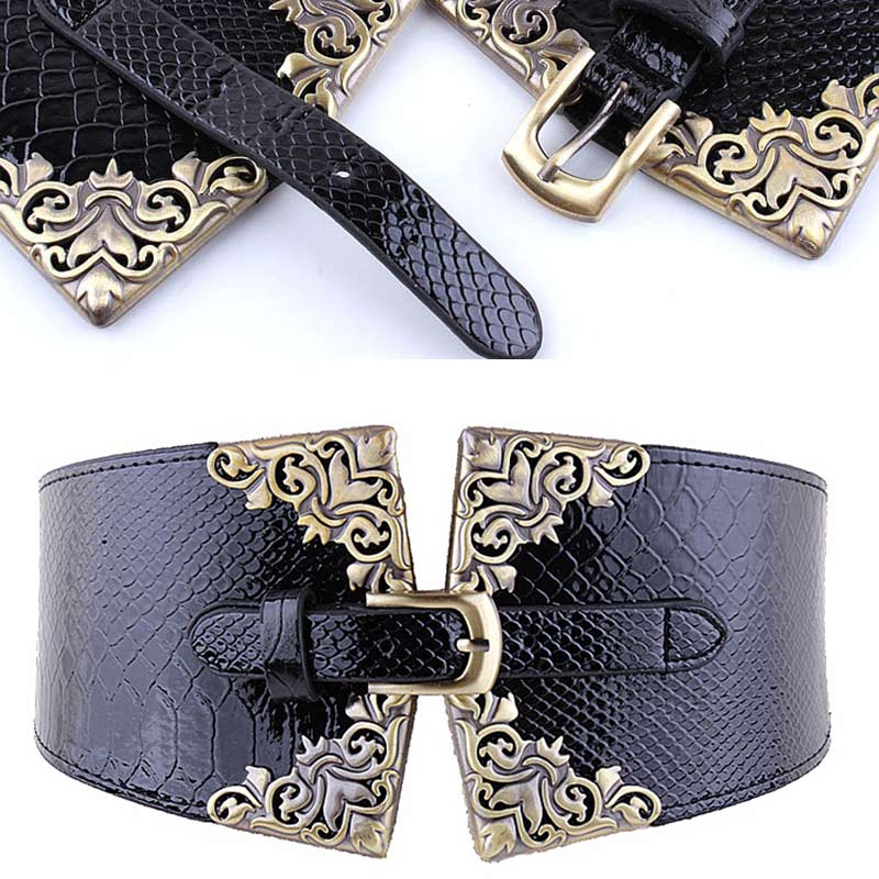 Fashion Wide Waist Belt Metal Round Buckle Punk Belts Stretchy Dress Waistband Pu Leather Cummerbunds European Style Lady Belts