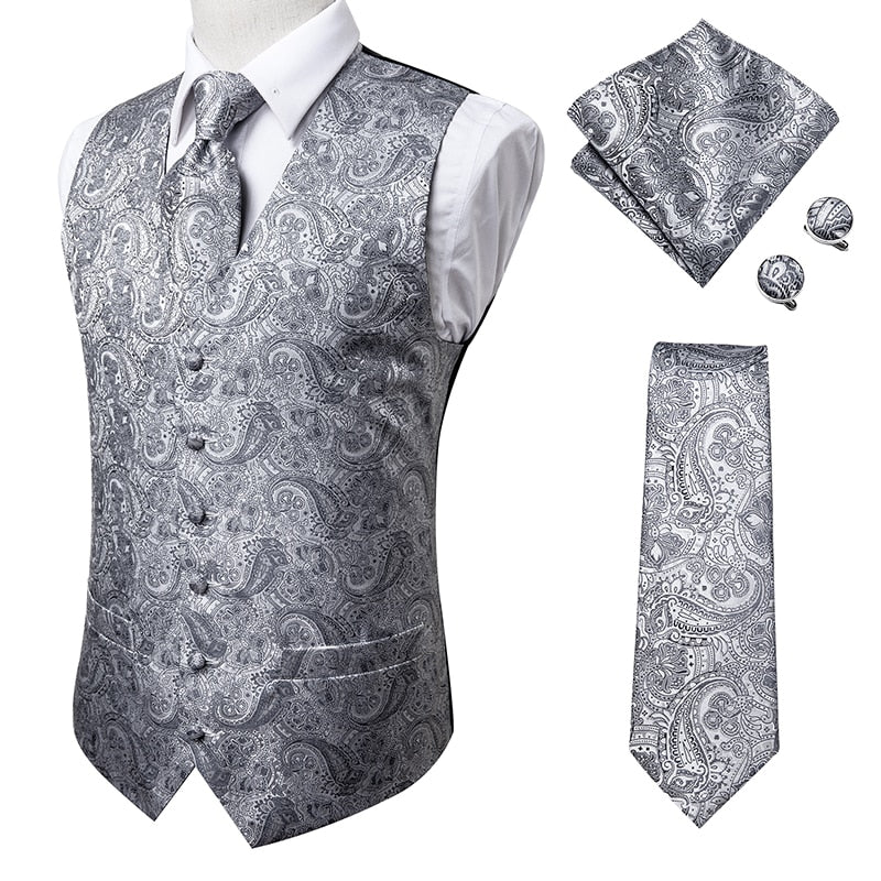 Hi-Tie Silk Adult Men's Vest for Suit Luxury Paisley Floral Plaid Suit Vest and Tie Set Blue Gold Red Sliver Wedding Vest Men
