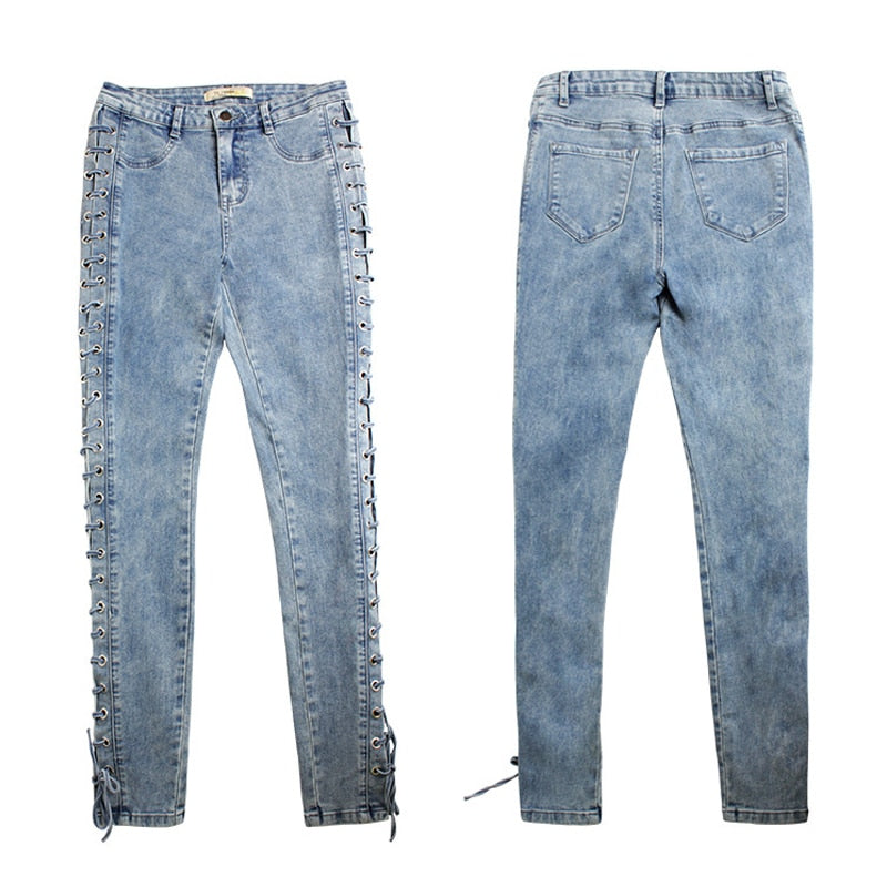 Boyfriend Skinny Jeans For Women Sexy Lace Up Hollow Out Push Up Jeans High Waist Stretchy Denim Jeans Pants Plus Size
