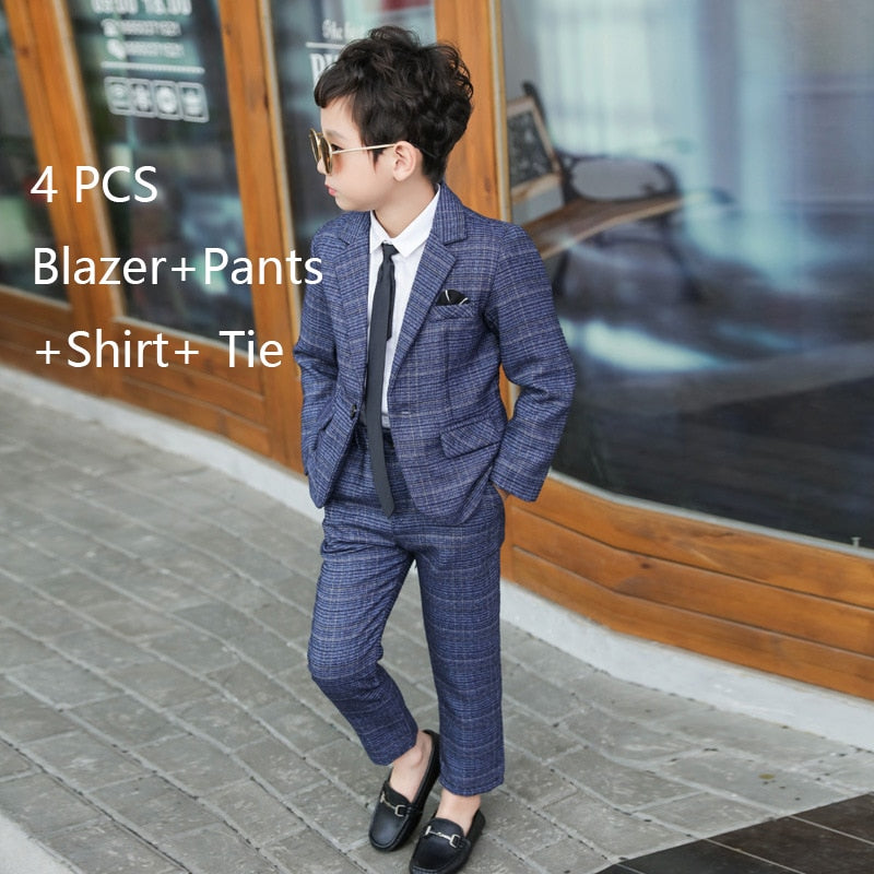 Formal Boys Suits for Weddings Blazers Pants Children Party Clothes Plaid Kids School Costume Gentlemen Teenager Tuxedos Sets
