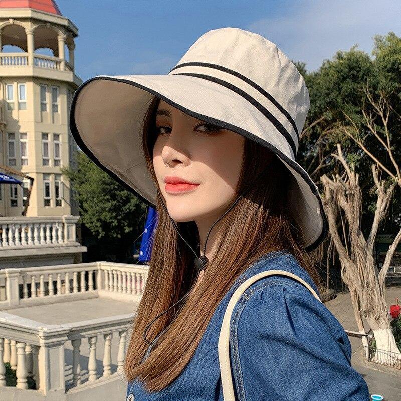 Women Sun Hat Bucket Cap Summer Beach Wide Brim With Chin Strap Foldable Travel Fashion Outdoor UV Protection Double Sided - Surprise store